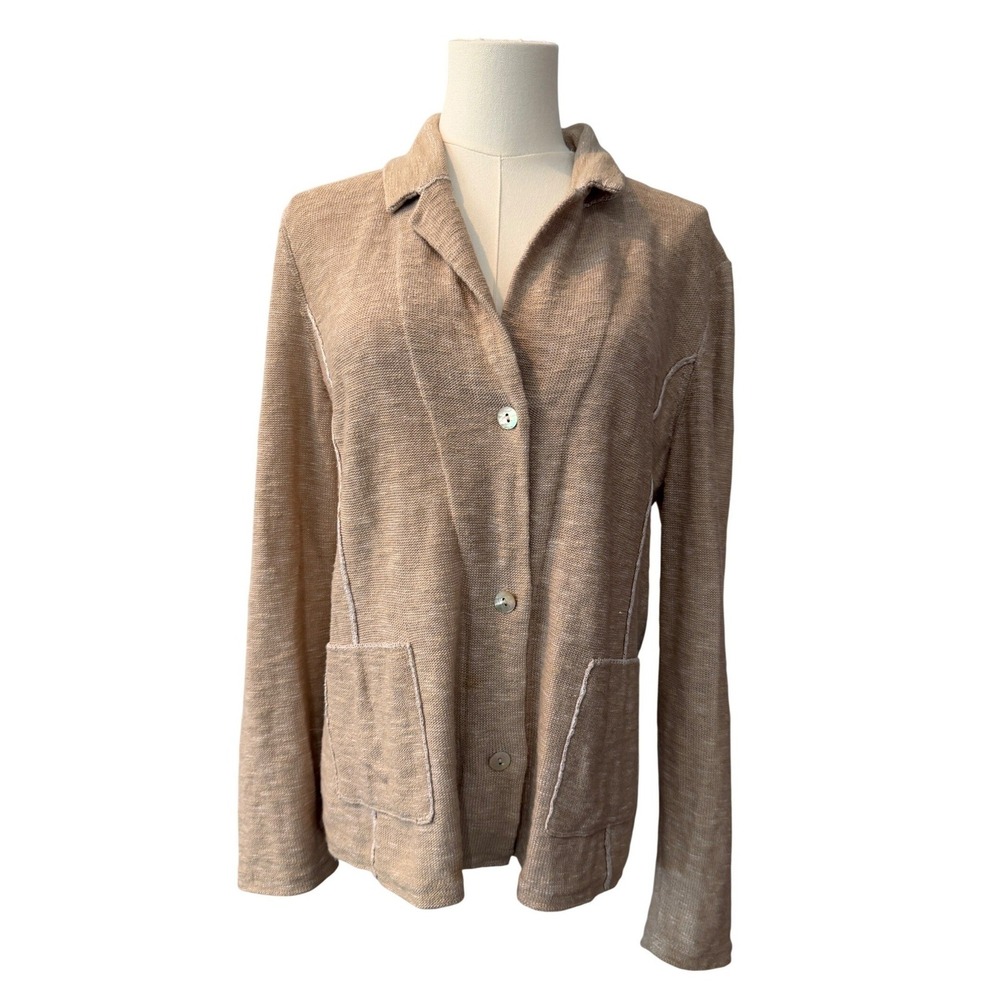 Eileen Fisher Womens Linen Cotton Button Blazer Cardigan Minimalist Tan Medium